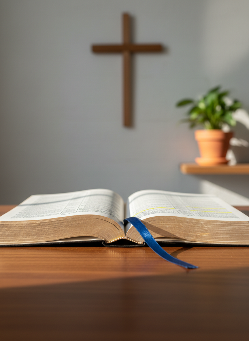 A close-up, photographic realistic image of an open Bible laid flat on a smooth, dark wooden table in a quiet church study room. The pages are gently worn, with soft yellowing at the edges and a satin blue ribbon bookmark resting between highlighted verses. In the background, slightly out of focus, a simple wooden cross hangs on a light gray wall, and a small, potted green plant adds life to the scene. Soft afternoon window light creates a warm glow across the text, casting gentle shadows in the page folds. Shot with shallow depth of field and centered composition, the atmosphere feels contemplative, professional, and deeply spiritual.