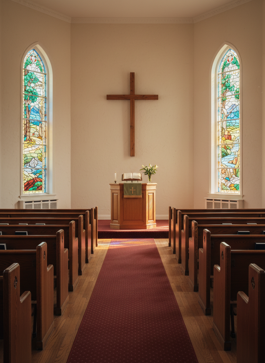 A warmly lit church sanctuary interior without people, featuring neat rows of polished wooden pews leading toward a simple, elegant pulpit and a large wooden cross mounted on a cream-colored wall. Sunlight filters through stained-glass windows depicting natural scenes, casting soft, colorful reflections across the floor. A worn, open Bible rests on the pulpit beside a small bouquet of white lilies. Photographic realism with a wide, eye-level composition emphasizes depth and symmetry, creating a calm, welcoming, and reverent mood. The atmosphere feels peaceful and inviting, suggesting a place of spiritual refuge and healing, with balanced, natural lighting and subtle shadows adding dimension.