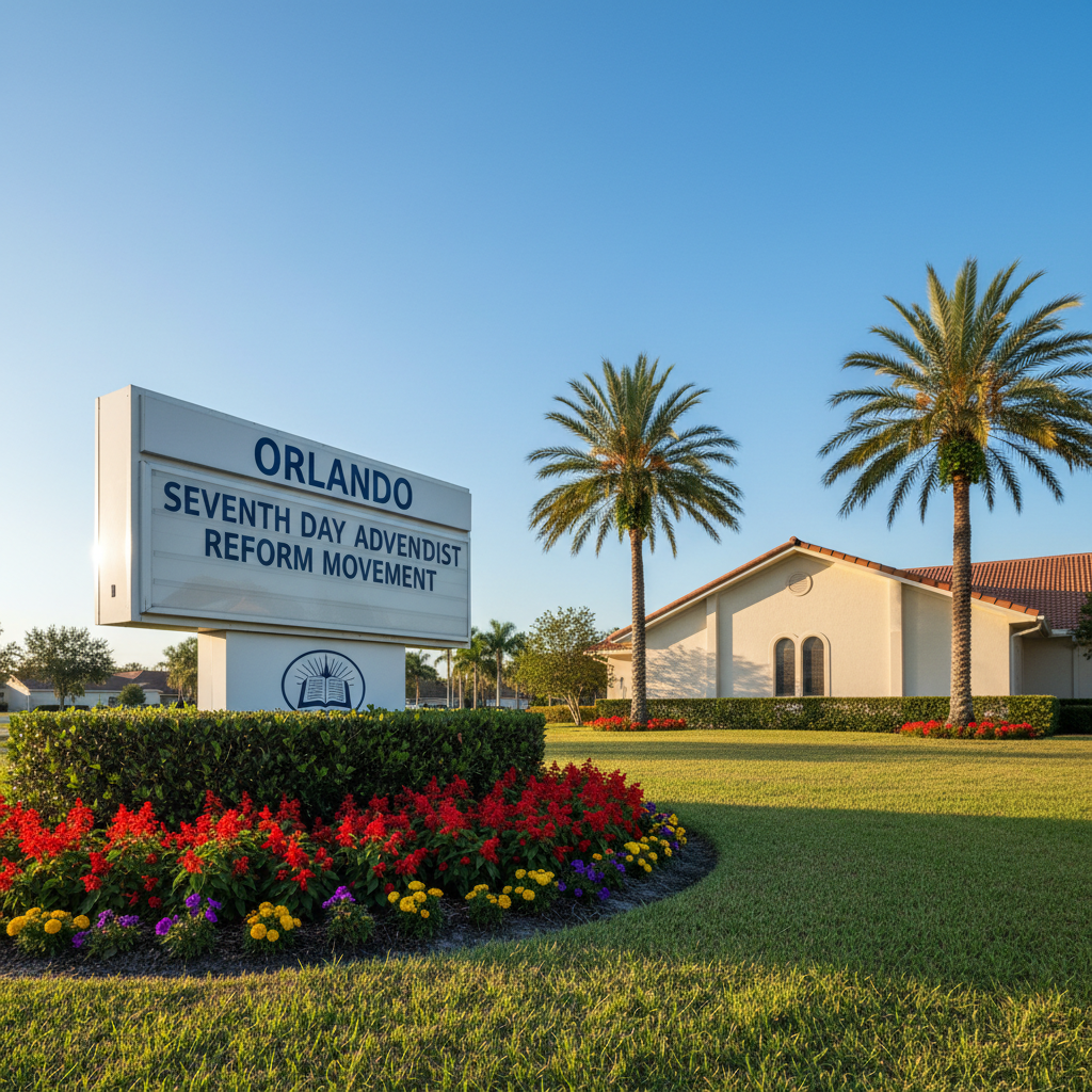 A peaceful outdoor church sign for the Orlando Seventh Day Adventist Reform Movement, displayed at the edge of a well-kept lawn with trimmed hedges and colorful flower beds. The sign is clean and modern, with a white background, dark blue lettering, and a subtle emblem of an open Bible and rays of light. Behind the sign, the church building’s light-colored walls and simple roofline are partially visible, framed by tall palm trees and a clear blue Florida sky. Captured in photographic realism during golden hour, warm sunlight bathes the scene, casting long, gentle shadows and creating a hopeful, welcoming atmosphere. The composition uses the rule of thirds and sharp focus throughout.