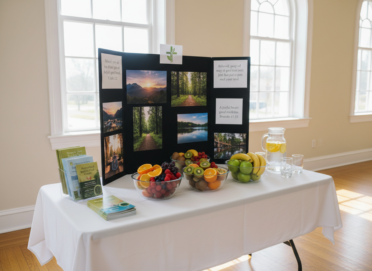 A neatly arranged church health ministry table in a bright fellowship hall, without any people present. On the white tablecloth sit colorful bowls of fresh fruit, neatly stacked informational pamphlets about physical and spiritual wellness, and a glass pitcher of clear water with lemon slices. Behind the table stands a freestanding display board featuring images of nature, Scripture verses about health, and a simple logo of a cross intertwined with a leaf. Large windows flood the room with diffused daylight, creating soft, natural shadows. Photographic realism with an eye-level, slightly angled composition gives a clean, professional, and inviting impression that emphasizes holistic healing.