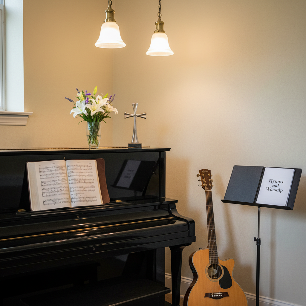 A detailed, photographic realistic image of a church music ministry corner, without any musicians. A glossy upright piano with an open hymnal on its music stand sits against a soft cream wall. Beside it, a wooden guitar rests on a stand, and a black music stand holds a folder labeled “Hymns and Worship”. On top of the piano, a small vase of fresh white and purple flowers adds color, while a subtle metal cross decor sits beside it. Overhead pendant lights cast warm, gentle illumination, creating soft reflections on the piano’s surface. Captured at eye level with balanced composition, the space feels orderly, uplifting, and reverent.