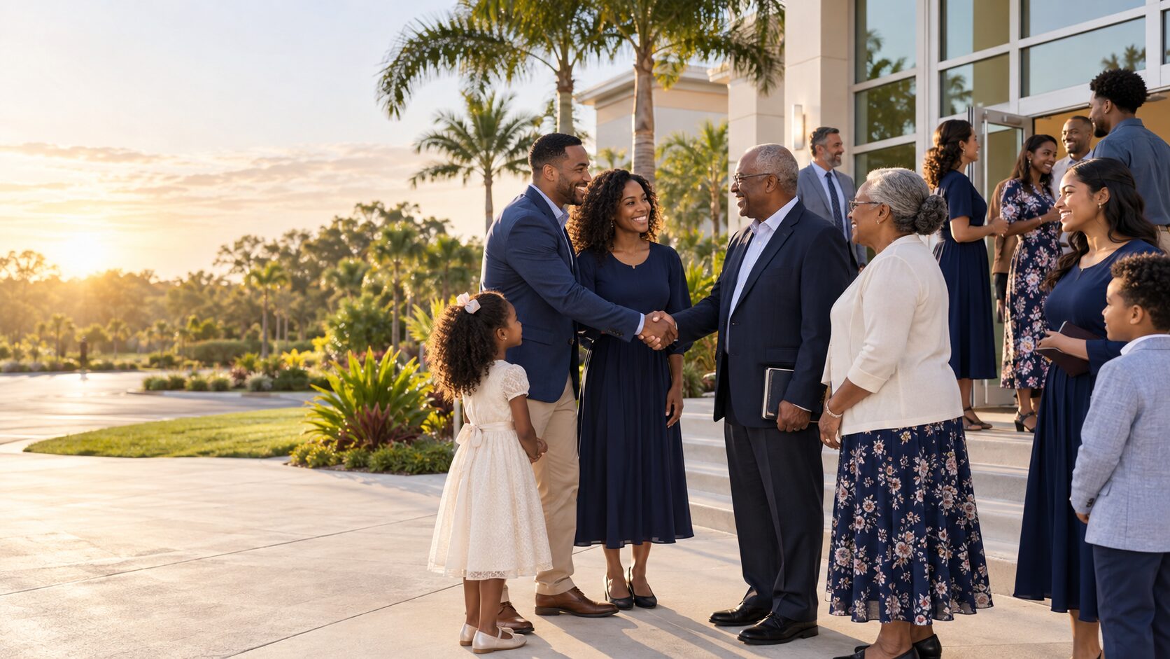 A diverse church community welcoming one another in Orlando